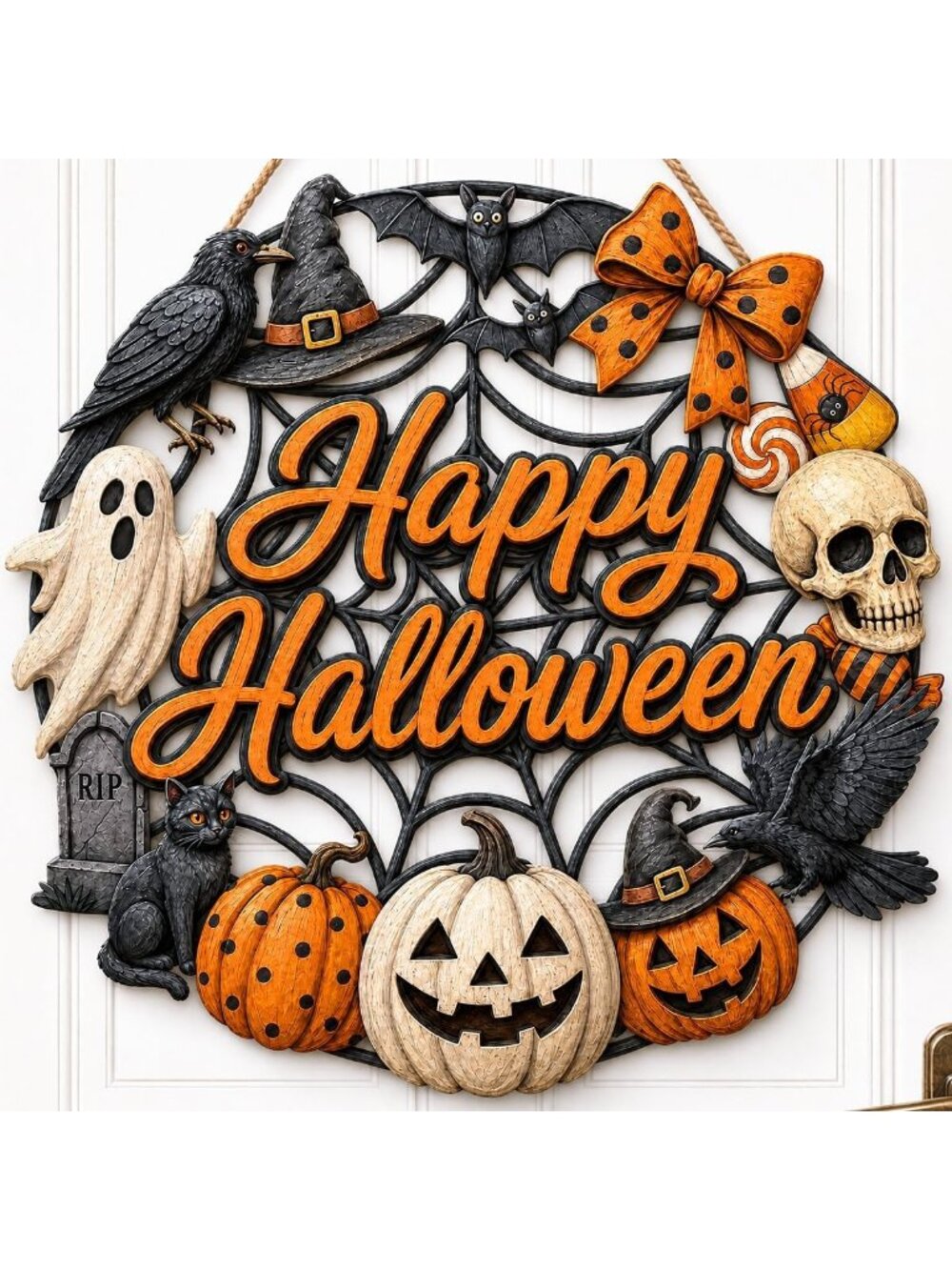 Halloween Wreath Farmhouse Front Door Wooden Ghost Pumpkin Door Sign Wall Decor